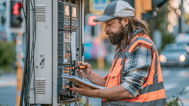 Municipal clerk in safety vest testing a traffic signal controller beside a traffic cabinet at an intersection with a screwdriver and notebook during inspection