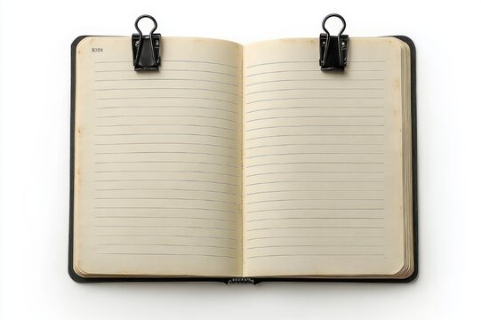 open lined notebook with two black binder clips holding aged blank pages, flat lay on white background, inviting nostalgic and organized feeling