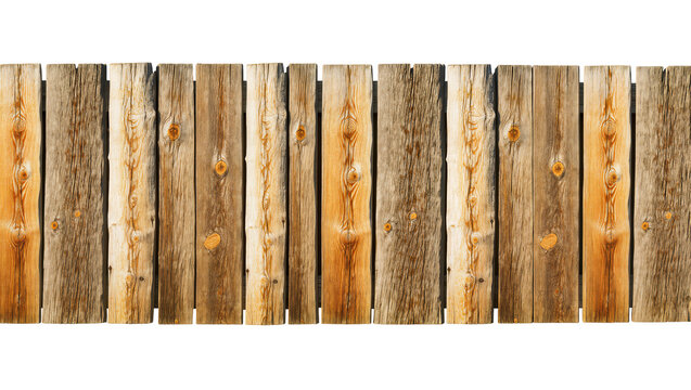 Isolated weathered wooden fence texture of planks with natural knots and grain detail.
