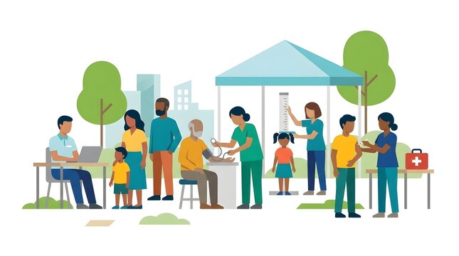 Flat vector illustration of a community health outreach event offering free medical checkups, vaccinations, blood pressure screening, and health registration for families in a public outdoor setting. 