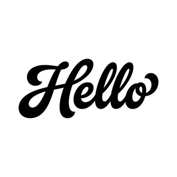 Hello script lettering showcases a bold and flowing typeface with thick black strokes against a bright white field.