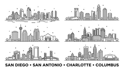 Naklejka premium US major cities skylines black line art set with waterfront waves and trees, vector icons with San Diego bay, San Antonio Alamo, Charlotte Bank of America center and Columbus LeVeque tower