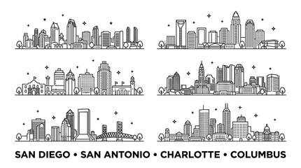 Naklejka premium US major cities skylines black line art set with trees, vector icons with San Diego One America Plaza, San Antonio Alamo mission, Charlotte Bank of America center and Columbus LeVeque tower