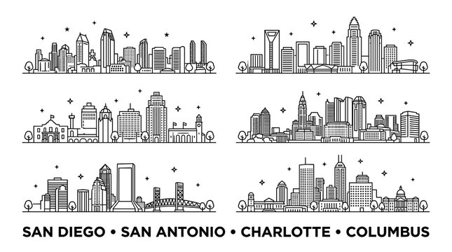 US major cities skylines black line art set with trees, vector icons with San Diego One America Plaza, San Antonio Alamo mission, Charlotte Bank of America center and Columbus LeVeque tower