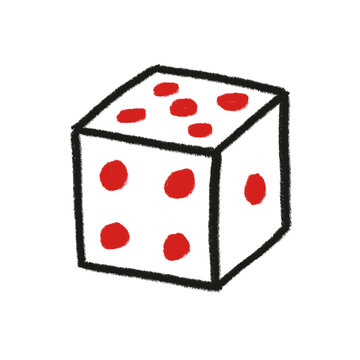 White cube die with red dots, black outline, hand-drawn style.