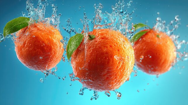 Three oranges splashing in clear blue water.
