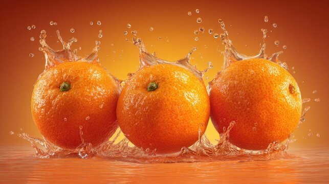 Three oranges splashing in water on orange backdrop.