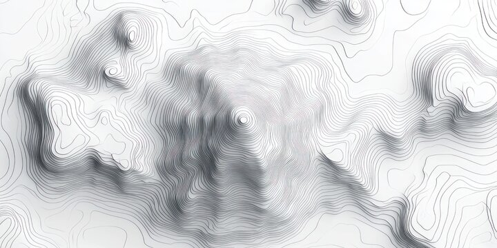 monochrome contour map of layered mountain ridges and valleys with delicate shadowed lines evoking a serene, contemplative sense of depth and flowing terrain
