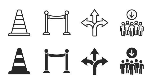 Crowd movement and management icons set featuring traffic cones stanchions arrow directions group gathering, management