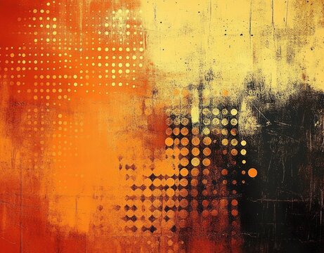 Warm textured abstract painting with orange, yellow and black grunge, halftone dot patterns and scratched surfaces conveying energetic urban grit