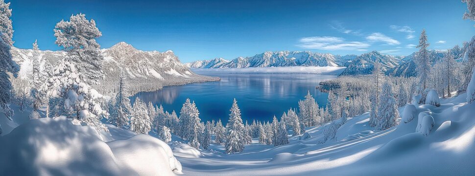 panoramic winter scene of snow-covered pines and slopes surrounding a deep blue mountain lake under a clear sky, peaceful and crisp alpine tranquility