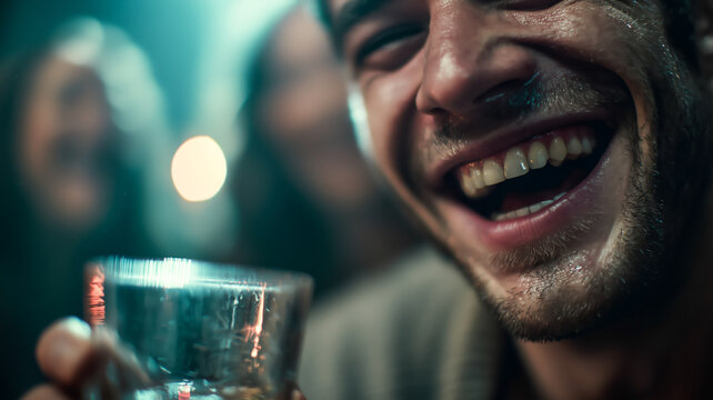 Mans joyful laughter, holding drink, vibrant party atmosphere