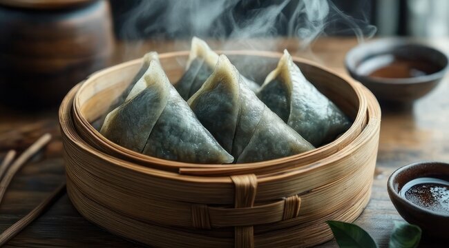 Steaming triangular green dumplings in a bamboo steamer with dipping bowls and chopsticks on a wooden table, warm inviting and appetizing scene