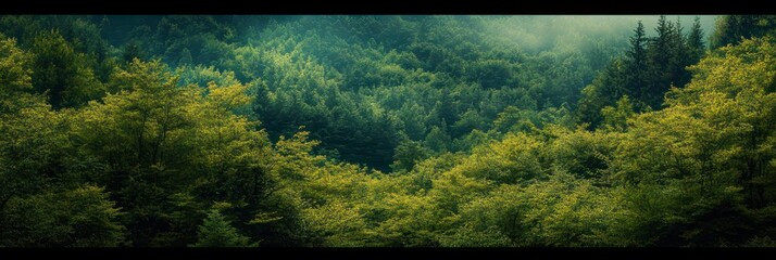 misty panoramic green forest with layered conifer and deciduous treetops, soft diffused morning light over rolling tree-covered hills conveying calm and peaceful serenity © lucky