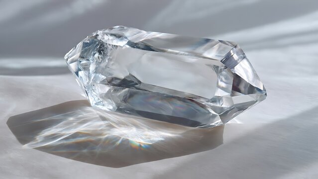 Clear natural quartz crystal with brilliant light refractions casting colorful reflections on smooth neutral surface