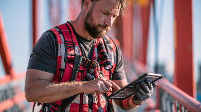 Community center manager in safety gear reviewing bridge inspection photos on a tablet on a bridge walkway in realistic commercial photography