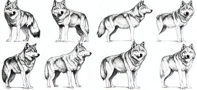 Eight monochrome wolf sketches showing standing poses, varied head angles and calm to alert expressions