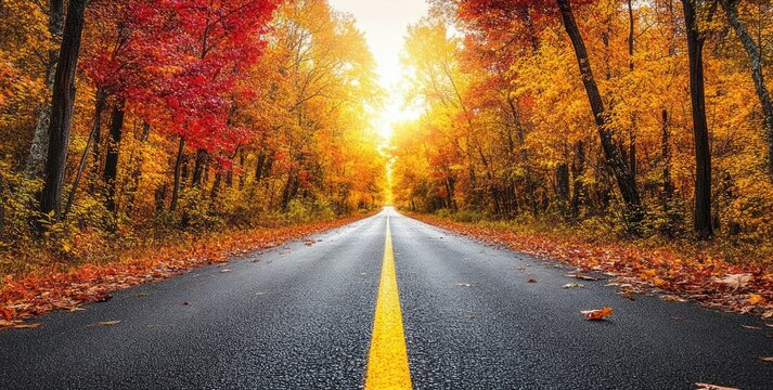 Sunlit empty road through autumn forest with red and golden leaves and a glowing horizon, evoking a calm peaceful journey