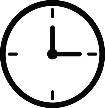 Minimalist black and white vector illustration of a simple clock face showing three o clock time
