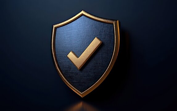 gold-rimmed navy shield with metallic gold check mark on dark background conveying protection trust and verified status