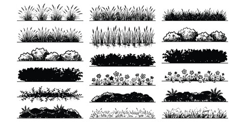 Set of black ink hand drawn grass and bush silhouettes for landscape design and garden borders © md