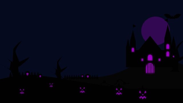 Halloween haunted house with glowing purple moon and spooky jack o lanterns
