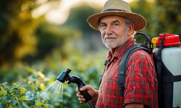 gardener in straw hat and red plaid shirt spraying green crops with a backpack sprayer at golden hour, focused and calm