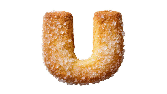 Isolated uppercase letter U shaped sugar cookie, delicious crunchy golden brown sweet dessert
