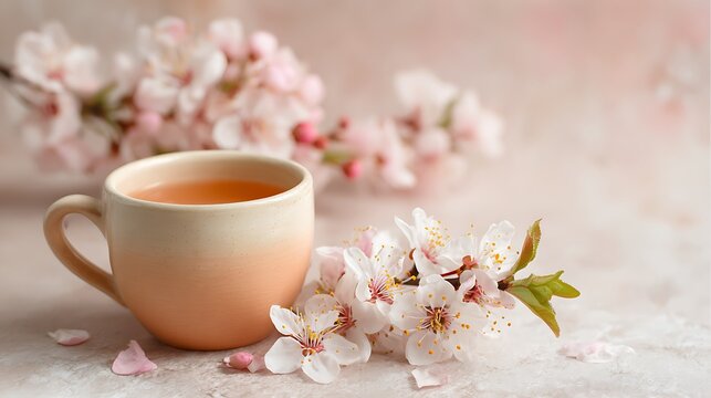 Close-up shot of peach tea cup with a calming pastel background