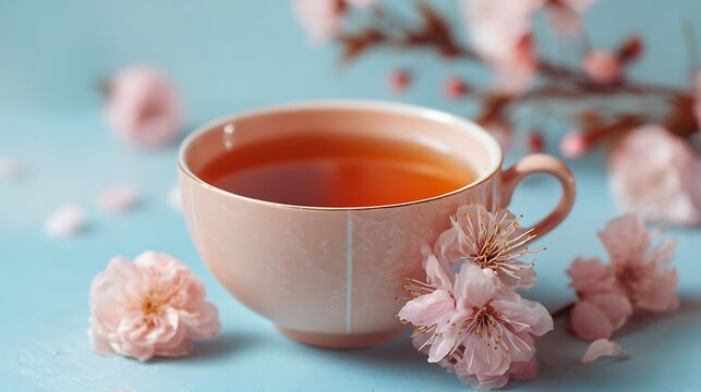 Close-up shot of peach tea cup with a calming pastel background