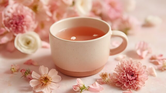 Refreshing peach tea cup with soft blush tones, surrounded by pastel flowers