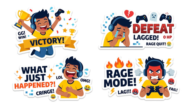 Gamer Stickers: Victory, Defeat, Rage, and LOL Reactions