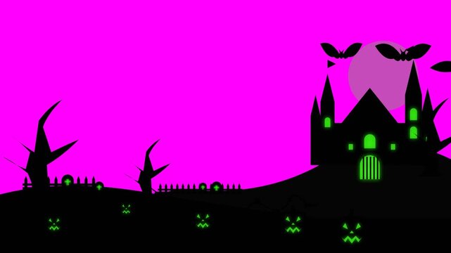 Halloween haunted castle silhouette with spooky bats and glowing green moon