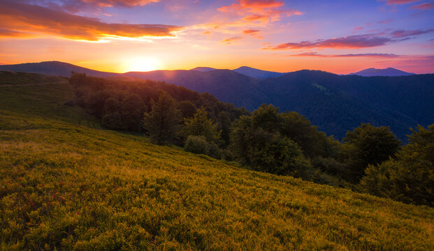 summer nature scenery, scenic sunset view in the mountains
