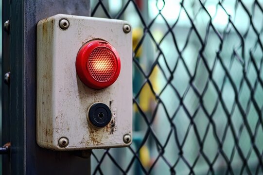 weathered industrial control box with illuminated red warning button and round connector mounted on a metal post by a chain-link fence, evoking alert and caution