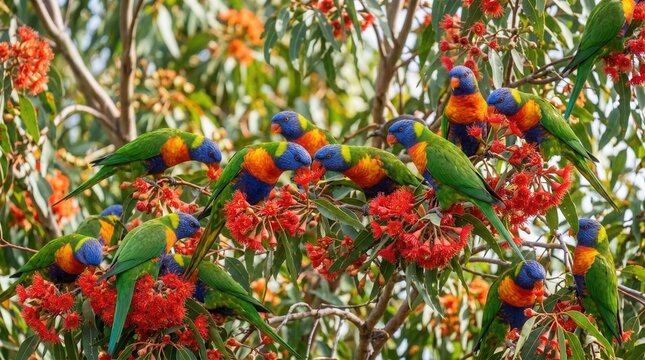 A Flock of Rainbow Lorikeets Feeding on Red Flowers in a Tree.