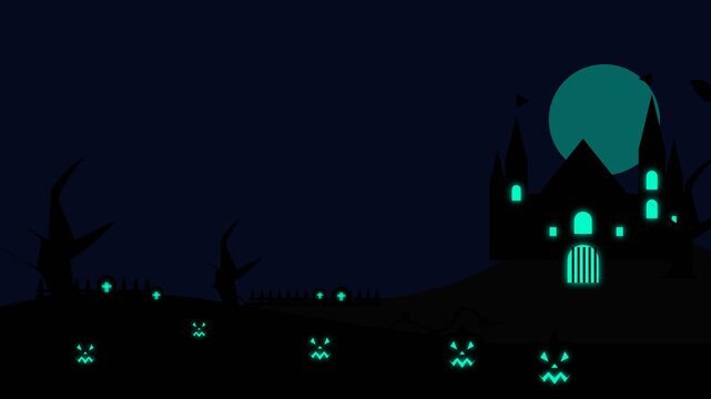 Halloween haunted castle with glowing pumpkins and full moon in the dark night