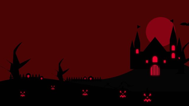 Halloween haunted castle with glowing red moon and spooky pumpkin faces