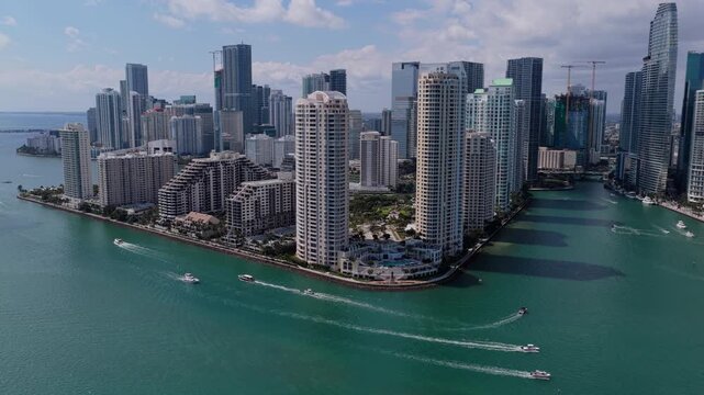 Famous oceanfront of Brickell in Miami. Miami skyline with skyscrapers along Biscayne Bay. Miami panorama with skyscrapers. Miami business district sky view.
