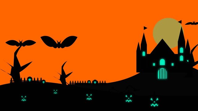 Halloween haunted castle with glowing pumpkins and flying bats at night