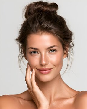 Beautiful young woman smiling and touching her face with clear healthy skin and natural beauty