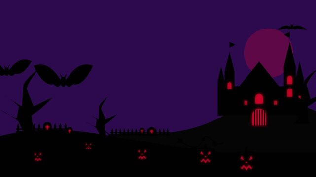 Halloween haunted castle with glowing red moon and spooky jack o lanterns
