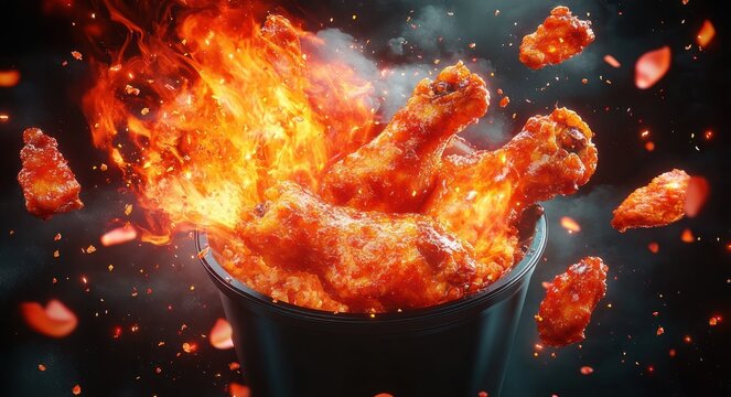 Bucket of flaming spicy chicken wings bursting with fiery sauce, flying crispy pieces and glowing embers, intense and mouthwatering heat
