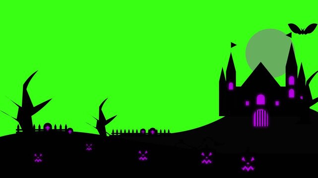 Halloween haunted castle silhouette with flying bats and glowing pumpkins