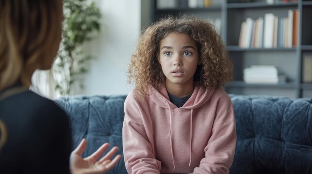 teen with curly hair in pink hoodie sitting on blue sofa during a counseling session, facing a therapist whose hands are expressive, mood reflective and emotional