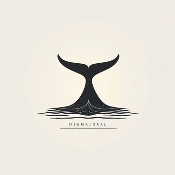 minimalist black whale tail silhouette rising from stylized ocean waves, calm and serene nautical scene