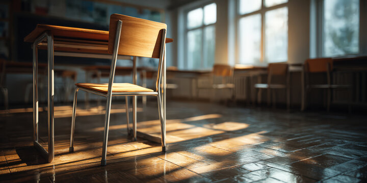 An empty classroom bathed in the warm, dappled sunlight streaming through large windows, with wooden desks and chairs casting long shadows on the polished floor.