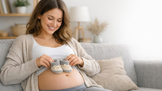 A pregnant woman in her third trimester, smiling and showing off her shoes