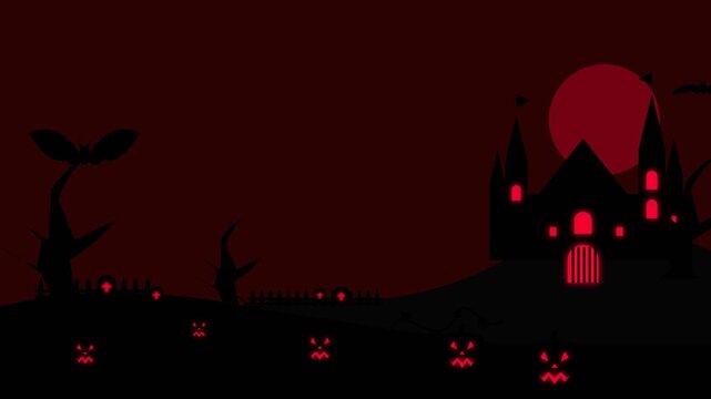 Halloween haunted castle with red moon and glowing jack o lanterns