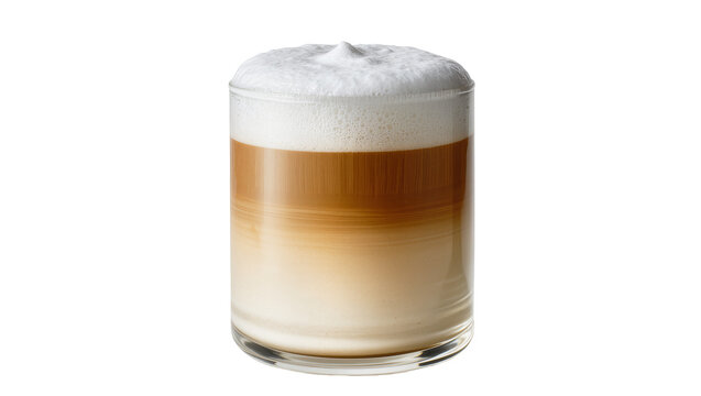 Isolated Latte Macchiato a delicious layered coffee drink with foamy milk in a clear glass.